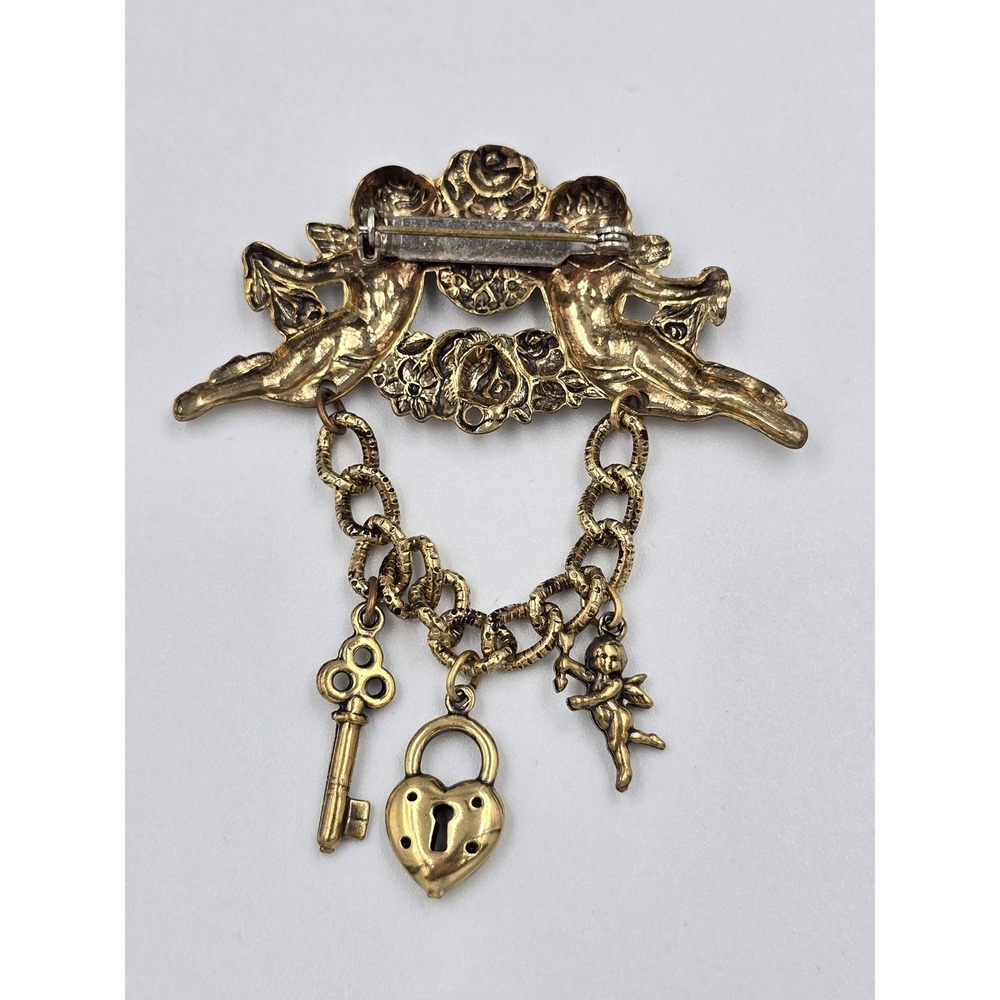 Vintage Gold Tone Cherub Cupid Key Heart Lock Dangle Brooch Pin Victorian - Picture 2 of 5